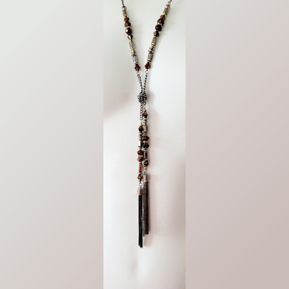 Chico's Y Necklace with Two Tone Beading with Tassels New with Tags 24" - Picture 2 of 2